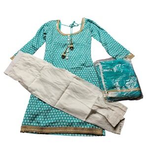NWOT.‎ Teal Bandhani Salwar Kameez 3pc Suit Set Gold Sequin Lace Trim Tassel
